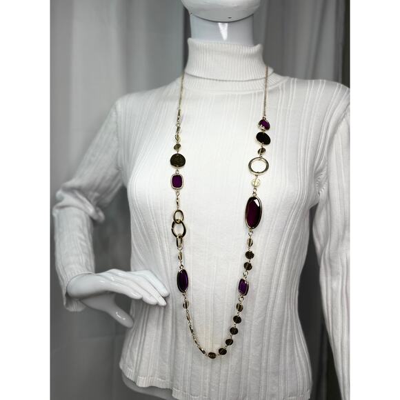 Chico's long necklace gold tone signed jewelry costume purple jewels faceted - Picture 12 of 14